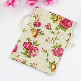 Rose Flower Linen Jewellery Gift Bag 9x12cm 10x15cm 13x17cm pack of 50 Birthday Party Wedding Drawstring Pouch sack239r227r