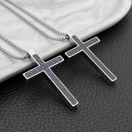 Pendant Necklaces Carbon Fiber Cross Stainless Steel Necklace Silver Color Catholic Christian Men Women Blue Black Neck Jewelry