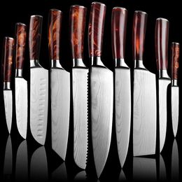 NEW red handle Chef LNIFE Set Profession Japanese Kitchen Knives Laser EAMASCUS Pattern Sharp Santoku Cleaver Slicing Utility Boni2375