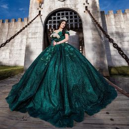 Green Shiny Quinceanera Dresses Ball Gown Formal Prom Applique Flower Graduation Gowns Sweet 15 16 Dress vestidos de xv anos