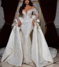 2024 Luxury Mermaid Wedding Dress With Detachable Train V-Neck Lace Appliques Beads Long Sleeves Custom Made Women Abendkleider Vestidos De Novia New