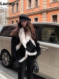 Women's Leather Faux Lautaro Autumn Winter Short Soft Thick Warm Hairy White and Black Colour Block Fur Coat Women Luxury Chic Fluffy Jacket 2023 231212