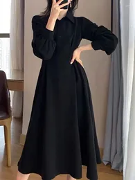 Casual Dresses Plus Size 6XL 150kg Autumn Long Dress Women Sleeve High Waist Turn Down Collar Vintage Black Clothing Vestido