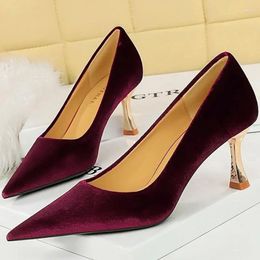 Dress Shoes Fashion Women 7cm High Heels Pumps Lady Small Size 34-40 Simplicity Metal Green Purple Flock Black Nightclub