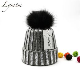 Winter Metallic Knitted 13CM Pompom Beanie Hat Women Fashion Faux Fur Pom pom Bronze Warm Knit Hats Girls Beanies Caps 2201077245586