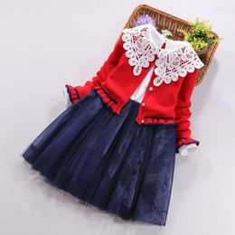 Clothing Sets Kids Girl Clothes 2 Piece Set Red Knitted Cardigan Sweater Lace Collar Long Sleeve Mesh Patchwork Princess Girls Dress