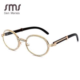 Fashion Small Round Diamond Sunglasses Men New Transparent Clear Lens Women Oval Crystal Wood Glasses Rhinestone oculos221I