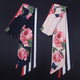 Scarves 7cm 2022 Design Skinny Women Tie Rose Flower Print Silk Scarf Fashion Belt Brand Handbag Small Long ScarvesScarves257V