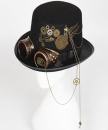 Steampunk Hat with Goggles Vintage Men Black Top Gothic Halloween Women Fedora Chains Elegant Head Wear Costume Party 2204025767930