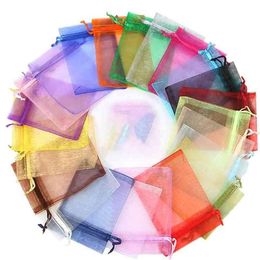100pcs Mix Colours Jewellery Packaging Bag 7 9 9 12 10 15 13 18cm Organza Bags Gift Storage Wedding Drawstring Pouches Wholes272Z