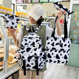 Backpack Kawaii 4 In 1 Piece Set Cow Pattern Fashion Women's Nylon Waterproof School Bag For Girls Large-capacity Trave