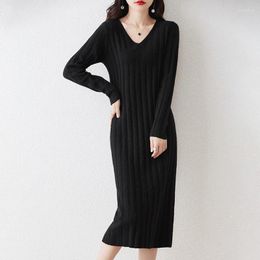 Casual Dresses Mid Length Pure Wool Knitted Dress Women's V-neck Pullover Autumn Winter Fashion Stripe Style Over Knee