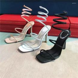 Sandals Thin Heel High Square Toe Open Rhinestone Snake Wrapped For Women