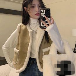 Women's Vests Deeptown Vintage Winter Crop Warm Fur Vest Oversize Chic And Elegant Sleeveless Jacket Korean Fashion Faux Leather Waistcoat