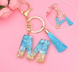 Keychains Simple 26 Letter Resin Pendant Keychain With Blue Tassel AZ Gold Foil Keyring Fashion Bag Charms Accessories For Women 5491559