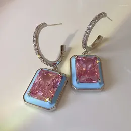 Dangle Earrings European And American Sweet Square Simple Pink Gem Women's