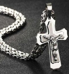 Bible Silver Colour Jesus Cross Stainless Steel Pendants Necklaces Byzantine Long Chain Necklace for Men Jewellery colar collier 22016080964
