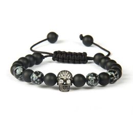 Whole 10pcs lot 8mm Quality Matte Agate And Obsidian Stone With Clear Cz Black Skull Macrame Bracelet For Men184I