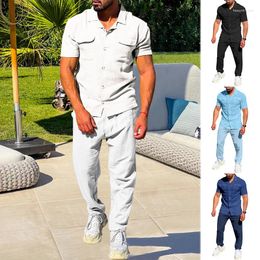Men's Tracksuits Fashion Streetwear Cotton Linen Two Piece Sets Lapel Short Sleeve Shirt Long Pants Men Suits Summer Solid Loose Man Outfits