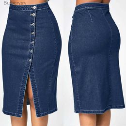 Skirts Women's Button A-line Side Split High Waist Denim Skirt Office Lady Black Blue Midi Jean Skirts Autumn Winter Mid-length SkirtL231212