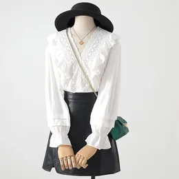 Women's Blouses Fashion Design Lace Women Blouse Summer 2023 V-Neck Ruffles Long-Sleeved Solid Hollow Out Office Lady Elegant Pulls Outwear
