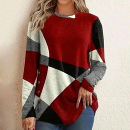 Women's Blouses Autumn Top Loose Fit Women Pullover Simple Casual Geometry Contrast Colour Block T-shirt