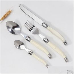 Dinnerware Sets Dinnerware Sets 4/6/24Pcs Laguiole Sierware Steak Knives Forks Spoons Teaspoon Set Stainless Steel Ivory White Plastic Dhhoa