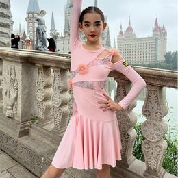 Stage Wear Pink Off-Shoulder Latin Dance Dress For Girls ChaCha Samba Tango Performance Clothing Children Long Sleeve Practice DL11441