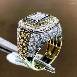 Cluster Rings Vintage Design Punk Hip Hop Gold Colour Full Zircon Square Ring For Men Wedding Party Jewellery Gift E830