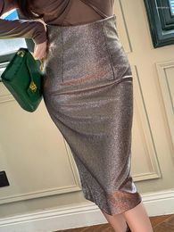 Skirts French Style Prom Women Wild Elegant PU Leather Bright Shiny Wrap Hip Midi Skirt Party Business Professional Clothes