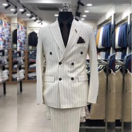 Men's Suits White Stripe Terno Double Breasted Peaked Lapel Gentlemen Blazer Luxury 2 Piece Jacket Pants Casual Party Office Set