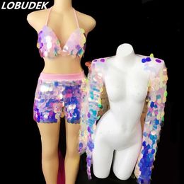 Intimates Accessories PinkPurpleBraShortsCoat Shining Sequin 3 Pieces Set Lady Singer Dancer Stage Outfit Bar Nightclub Performance Dance Costume 231211