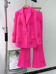 Women's Two Piece Pants Women Suit Collar Spring Jacket Full Length Fuchsia Coat Fashion Style Micro Flared Pants Flower Suits Sets 2 Pieces in Stock 231212