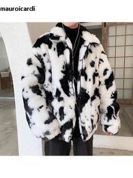 Men's FurMauroicardi Autumn Winter Oversized Thick Warm Colorful Cow Print Fluffy Jacket Long Sleeve Zipper Loose Casual Faux Coat Men 231212