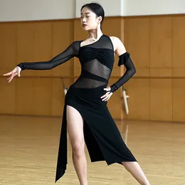 Stage Wear Latin Dance Dress Women Long Sleeves Sexy Irregular Adult Tango Rumba Costume Competition Clothing DNV18993