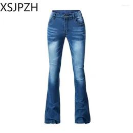 Women's Jeans Xsjpzh Sexy Women Show Curvy High Waisted Pull Slim Trousers Plus Size Stretch Denim Pants Trendy Asymmetric Flared