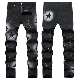 Men's Jeans Mens Black Coloured Paint Stretch High Street Star Print Slim Elastic Skinny Denim Pants Pencil