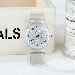 JHlF Brand Korean Fashion Promotion Quartz Ladies Watches Casual Personality Student Womens Watch White Transparent Plastic Band G2912