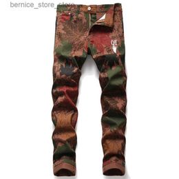 Men's Jeans Mens Trendy Full Prints Decors Denim Pants High Quality Slim-fit Brown Jeans Street Fashion Sexy Jeans Daily Casual Jeans Pants Q231213