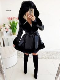 Women's Jackets Women Tie Belt High Waist Short Coats Winter Pu Leather Jackets Female Lady Elegant Side Pockets Fashion Warm Faux Fur Jackets 231211