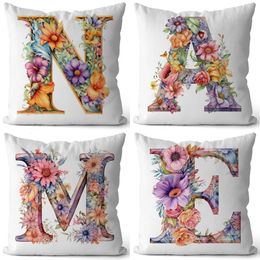 Pillow Nordic Floral 26 Letters Pattern Decorative Pillowcase Customizable Name English Alphabet Square Cushion Cover Home Decor Gift 231212