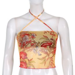 Sexy Undefined Fairy Coquette Mesh Sheer Camisole Floral Print Tie Up Crop Tops Kawaii Lace Trim Tank Tops Holiday Vest