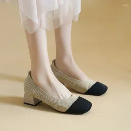 Dress Shoes 2023 Ballet Square Heel 3-5CM Women Basic Leather Two Coor Splice Bow Round Shoe Fashion PU Breathable