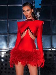 Casual Dresses Women Long Sleeve Sexy Red Beading Hollow Out Feather Bodycon Mini 2023 Bandage Fashion Nightclub Party Cocktail Dress