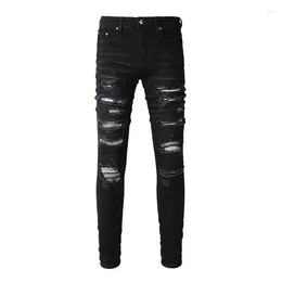 Men's Jeans Men Pleated Patch Biker Streetwear Skinny Tapered Stretch Denim Pants Ripped Patchwork Black Trousers