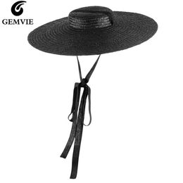 GEMVIE 4 Colour Wide Brim Flat Top Straw Hat Summer s For Women Ribbon Beach Cap Boater Fashionable Sun With Chin Strap 220225295c