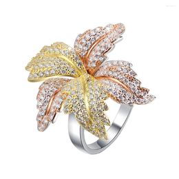 Cluster Rings Fashion Versatile Autumn Original Design Petal Leaf Ring 925 Silver Plated Tri Colour Diamond Set