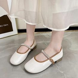 Dress Shoes Elegant Women 2023 Soft Leather Round Toe Mary Jane Comfort Low Heel Single Pearl Versatile Ladies Pumps