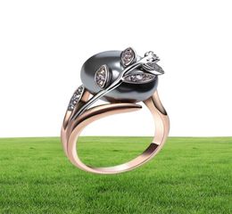 Trendy Rose Gold Colour ring Big Grey Pearl Women Leaf Trendy jewellery drop anel anillos aneis bagues femme statement jewe1746377