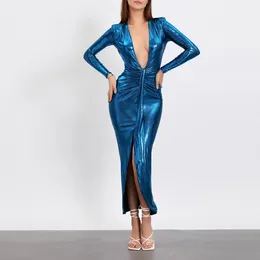 Casual Dresses Wsevypo Women Shiny Long Evening 2023 Sexy Sleeve Deep V Neck PU Leather Metallic Party Dress Formal Gown Vestidos